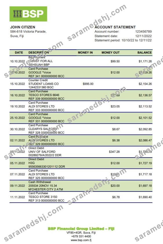 Fiji Bank of South Pacific bank statement